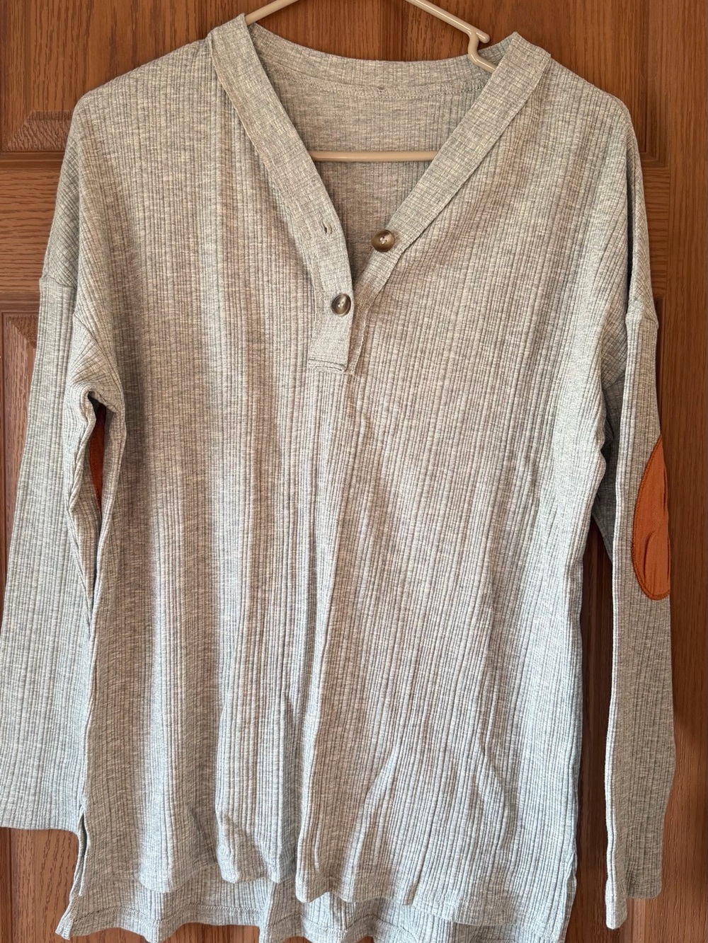 Light Gray Ribbed Henley Sweater with Tan Elbow Patches